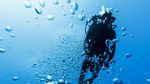 A DSLR underwater photo of a diver swimming between bubbles in the blue sea if Bora Bora, French Polynesia. The camera is aiming up at the surface and the diver is silhouetted against the bright light coming from above. The water is crispy clear blue.